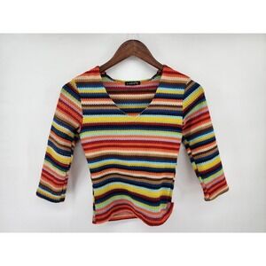D.Eight Rainbow Striped V-Neck Knit Top Size Large y2k